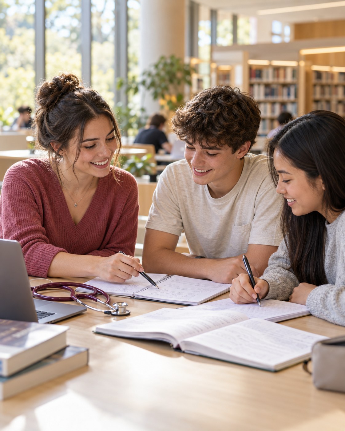 Students working through notes together with a medical student mentor